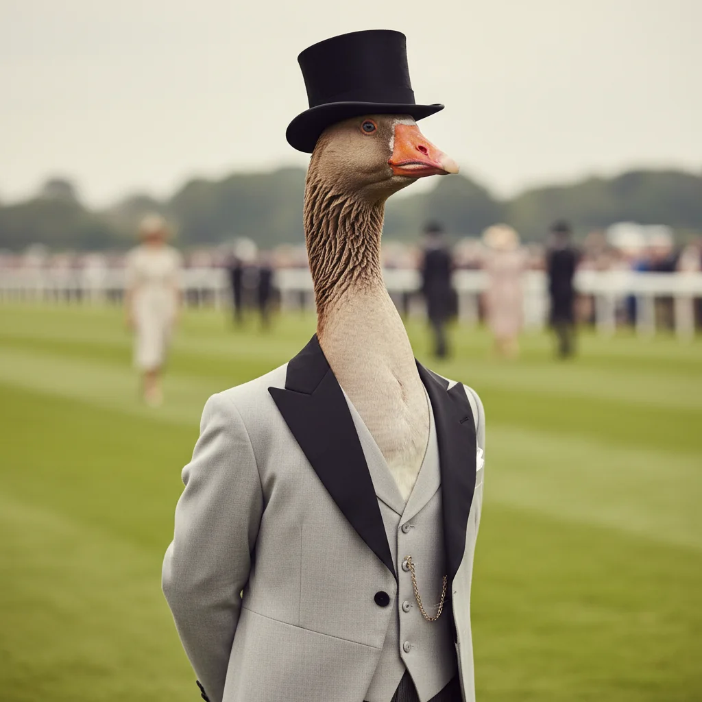 Lord Arthur, a Toulouse goose in morning coat and top hat at Ascot.