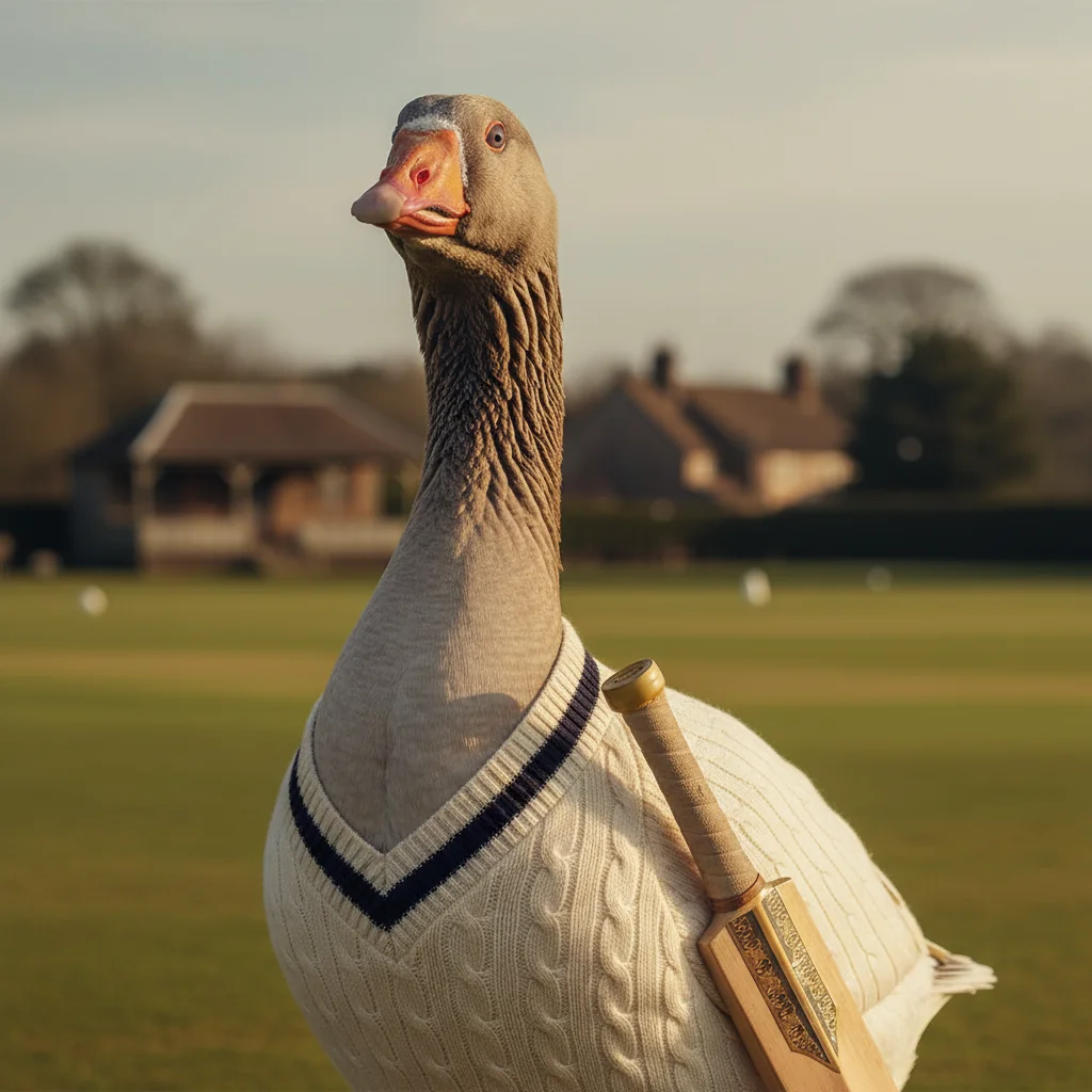 Bertram, a Greylag goose in cream cricket jumper on a village green.