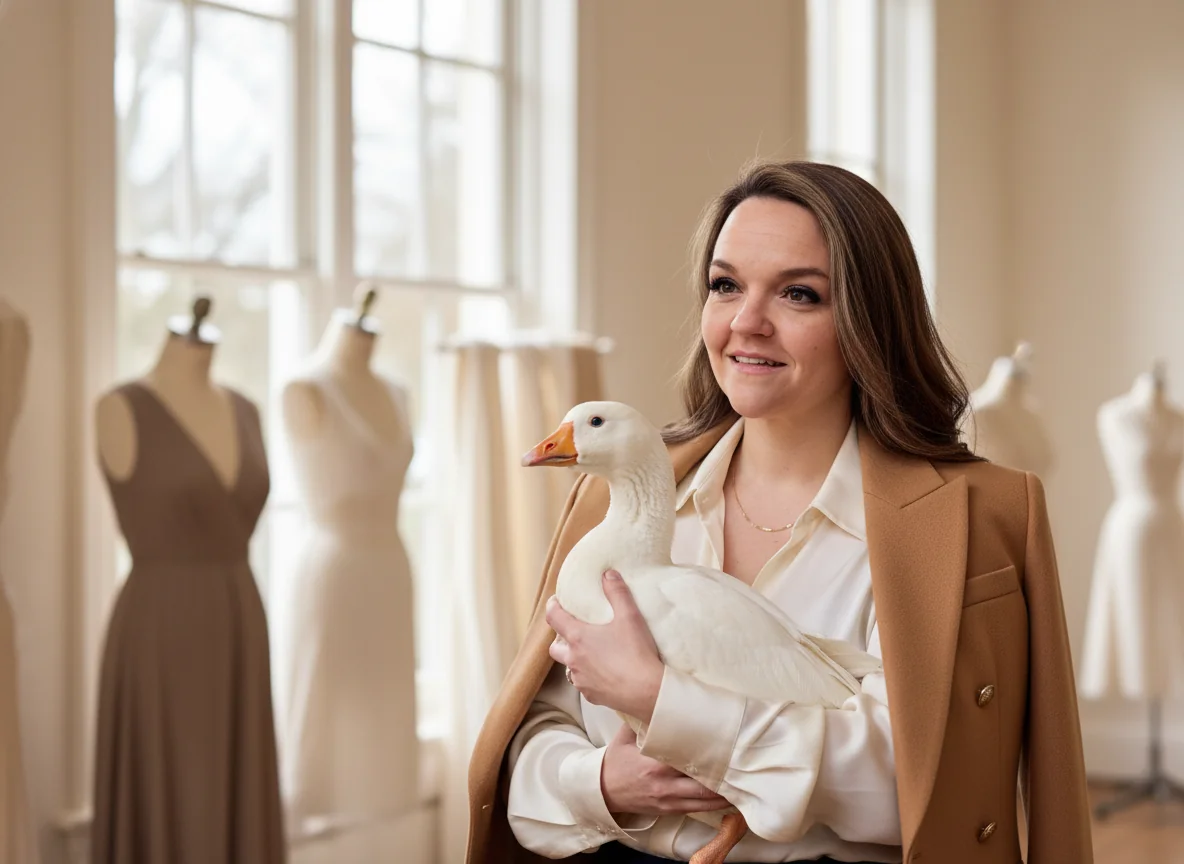 Marci Wake — proprietor of the atelier — holding a goose in the studio.