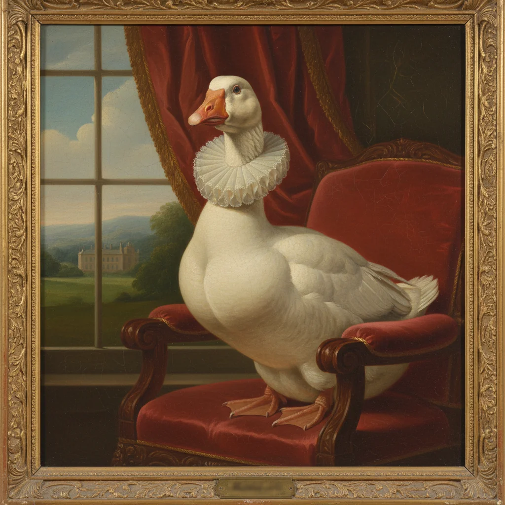 An oil-painted formal portrait of a single white goose in a gilded frame.